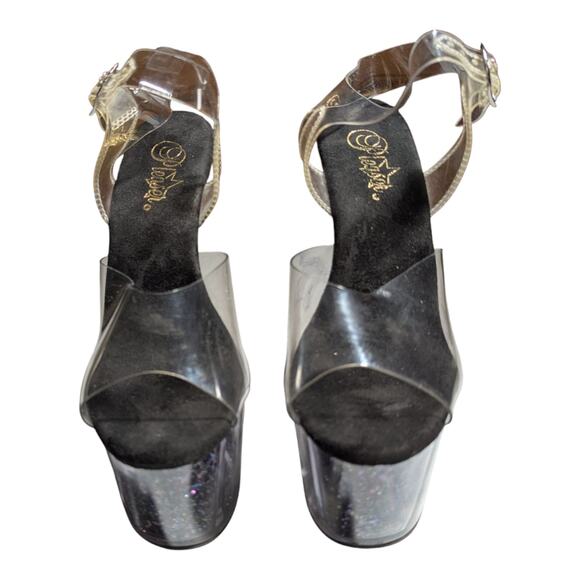 Pleaser Adore 708 Clear Vinyl Black Glitter Platform Spike Heel Dancer Sandals 8 - Picture 2 of 7